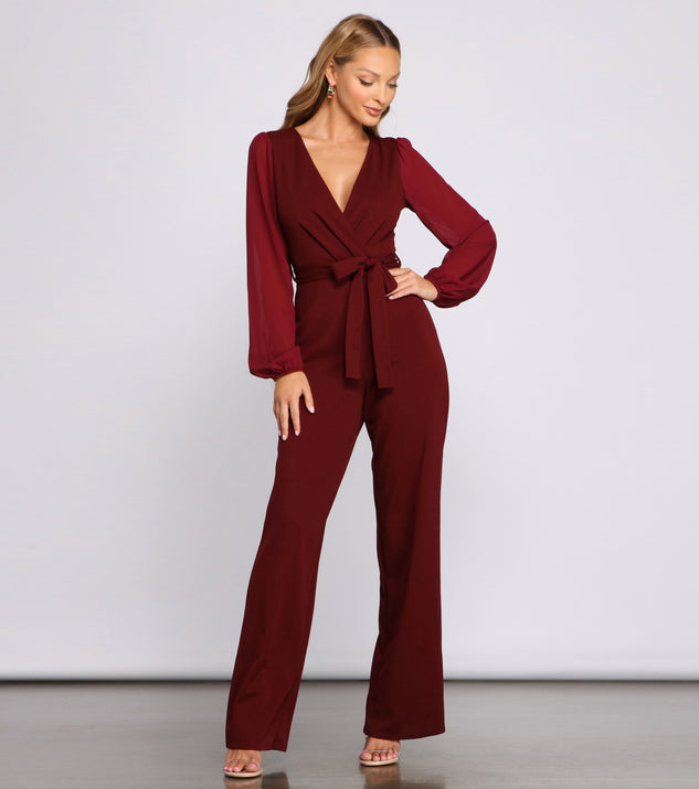 Effortless Beauty Chiffon Jumpsuit will help you dress the part in stylish holiday party attire, an outfit for a New Year’s Eve party, & dressy or cocktail attire for any event.