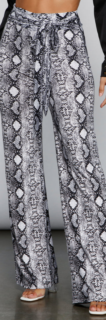 So Sassy Tie Waist Snake Print Pants for 2023 festival outfits, festival dress, outfits for raves, concert outfits, and/or club outfits