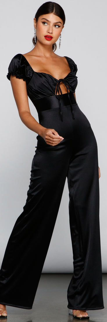 Sashay All Day Satin Cap Sleeve Tie-Front Jumpsuit provides a stylish start to creating your best summer outfits of the season with on-trend details for 2023!