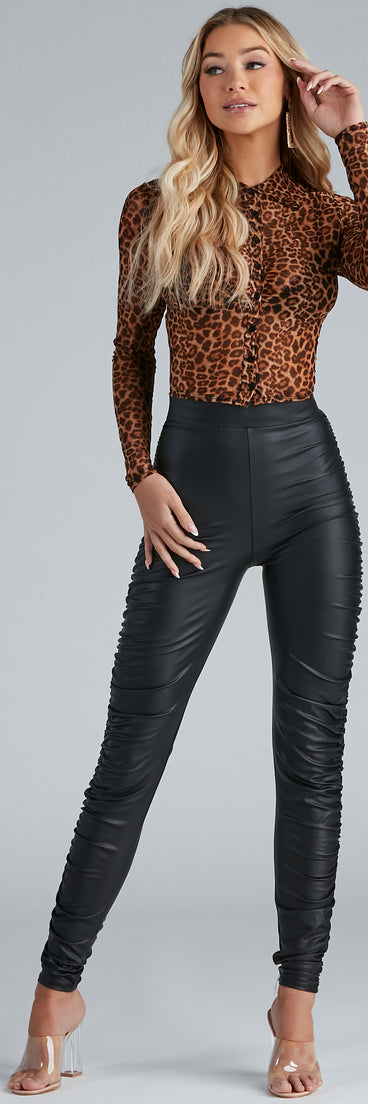 High Rise Ruched Faux Leather Leggings helps create the best bachelorette party outfit or the bride's sultry bachelorette dress for a look that slays!