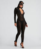 Simple women’s cat costume from Windsor featuring a sexy sheer leopard print catsuit, black choker, and black platform heels