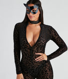 Front zipper on sheer mesh leopard print catsuit for a 2023 womenï¿½s cat costume