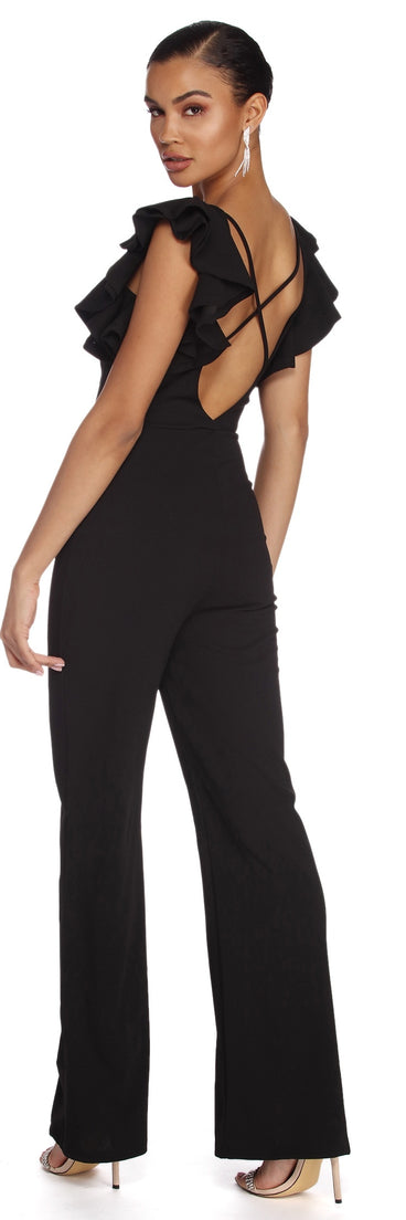 Ruffle Ready Jumpsuit will help you dress the part in stylish holiday party attire, an outfit for a New Year’s Eve party, & dressy or cocktail attire for any event.