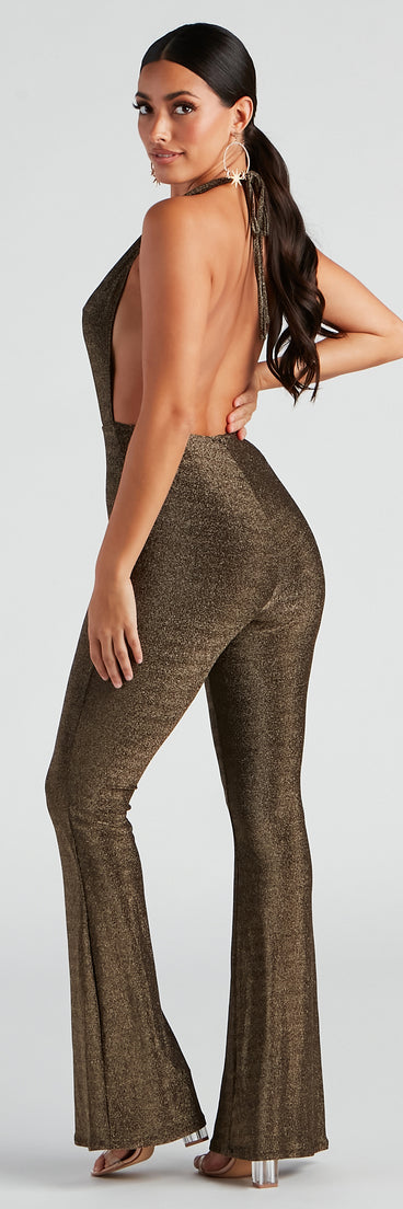 Enticing Love Glitter Halter Jumpsuit provides a stylish start to creating your best summer outfits of the season with on-trend details for 2023!
