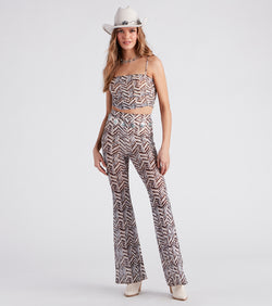 Cute In Chevron Print Mesh Flare Pants is a fire pick to create a concert outfit, 2024 festival looks, outfits for raves, or to complete your best party outfits or clubwear!