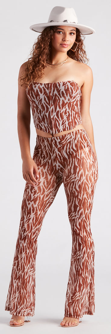 Quick Instinct Zebra Print Mesh Flare Pants is a fire pick to create a concert outfit, 2024 festival looks, outfits for raves, or to complete your best party outfits or clubwear!