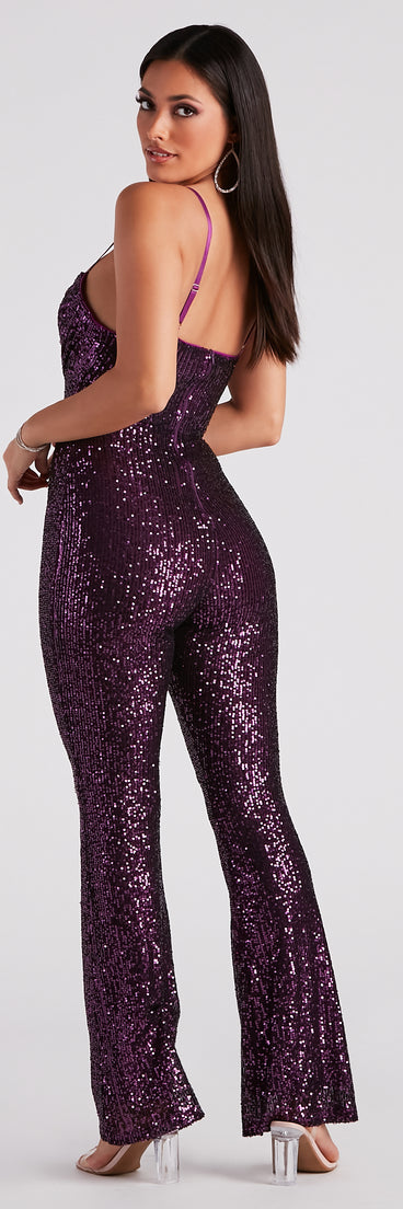 Bedazzle Me Sequin Flare Jumpsuit provides a stylish start to creating your best summer outfits of the season with on-trend details for 2023!