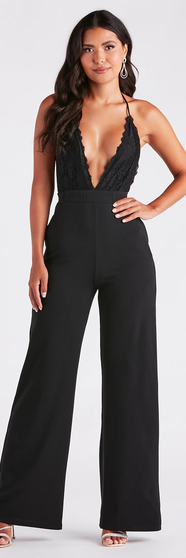 Chic Vibes Plunging Lace And Crepe Jumpsuit
