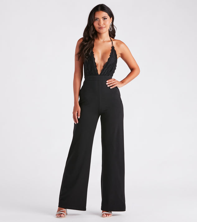 Haute Vibes Plunging Lace And Crepe Jumpsuit