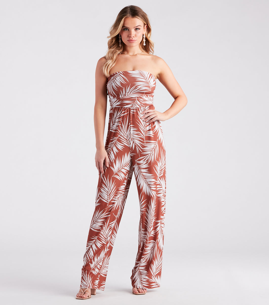 Sunset Cruise Tropical Print Strapless Jumpsuit