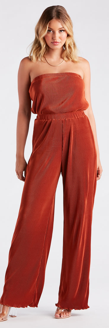 Here To Play Satin Strapless Pleated Jumpsuit
