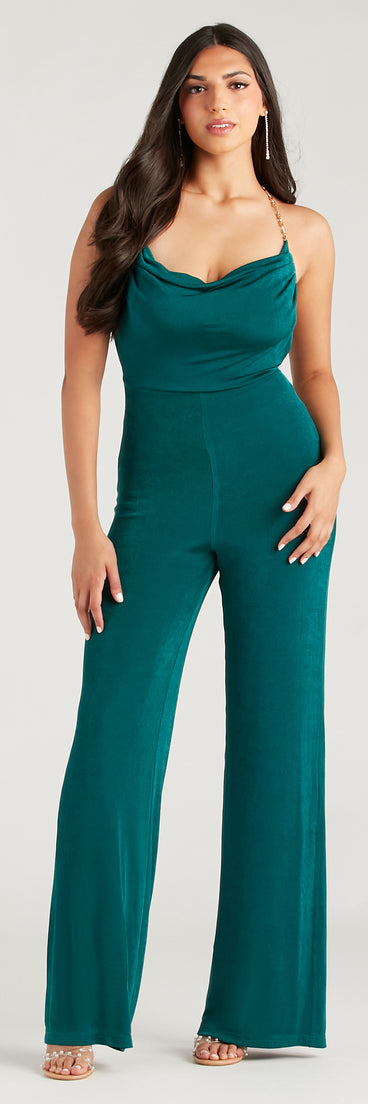 Edgy Perfection Chain Strap Cowl Neck Jumpsuit