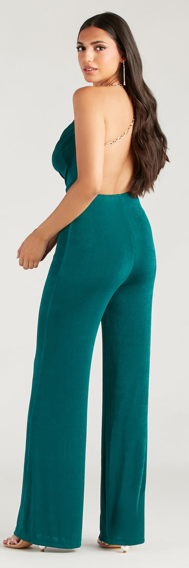 Edgy Perfection Chain Strap Cowl Neck Jumpsuit