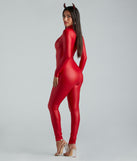 Full Throttle Red Faux Leather Mock Neck Catsuit is a sexy pick to create a 2023 Halloween costume for a devil or hero costume! Enjoy wearing it again for a sultry New Year’s Eve outfit.