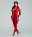 Full Throttle Red Faux Leather Mock Neck Catsuit styled for Halloween 2023 as a women’s devil costume paired with a devil horn headband, red rhinestone hoop earrings, and clear block heels.