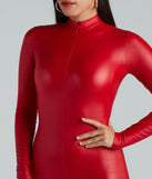 Front zipper on the Full Throttle Red Faux Leather Mock Neck Catsuit. This catsuit is a staple piece to create a unique Halloween costume or an New Year's Outfit that slays!
