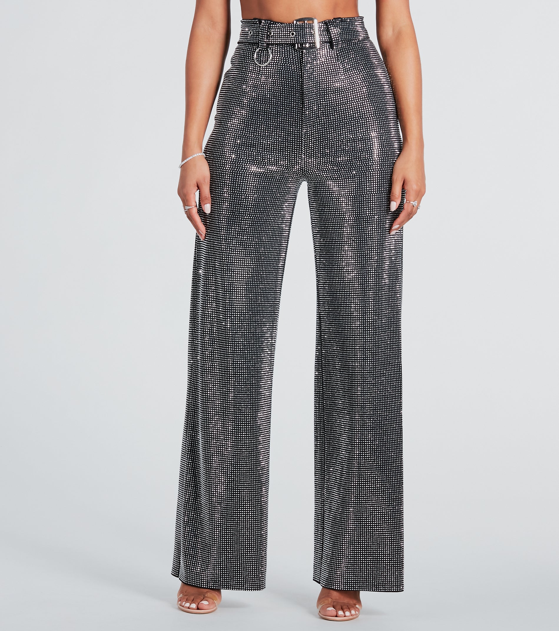 Gorgeous Bling Rhinestone Belted Wide-Leg Pants | Windsor