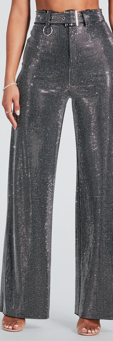 Gorgeous Bling Rhinestone Belted Wide-Leg Pants