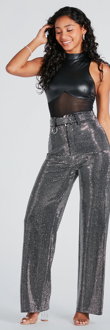 Gorgeous Bling Rhinestone Belted Wide-Leg Pants