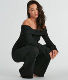 The So Chic Off-The-Shoulder Long Sleeve Knit Jumpsuit is an elevated one-piece that blends sleek sophistication with playful charm, perfect for nailing casual or formal outfits.