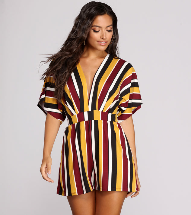 Seeing Stripes Kimono Sleeve Romper will help you dress the part in stylish holiday party attire, an outfit for a New Year’s Eve party, & dressy or cocktail attire for any event.