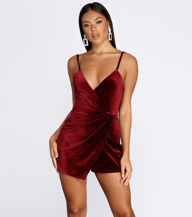 Velvet Wrap Romper will help you dress the part in stylish holiday party attire, an outfit for a New Year’s Eve party, & dressy or cocktail attire for any event.
