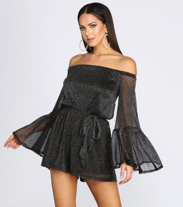 Bring The Drama Glitter Off Shoulder Romper elevates your outfits for holiday events, Christmas attire, formal events, or holiday party dresses to look picture-perfect at any event this season!