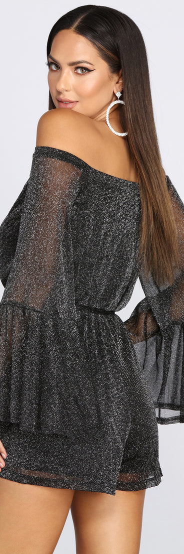 Bring The Drama Glitter Off Shoulder Romper for 2022 festival outfits, festival dress, outfits for raves, concert outfits, and/or club outfits
