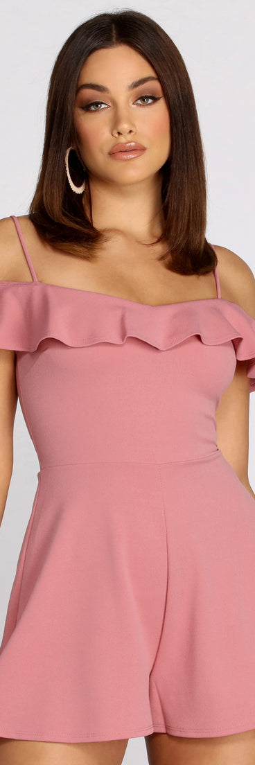 Ruffle Off Shoulder Lattice Back Romper provides a stylish start to creating your best summer outfits of the season with on-trend details for 2023!