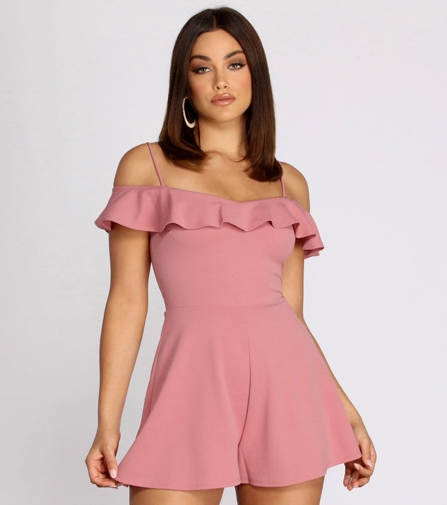 Ruffle Off Shoulder Lattice Back Romper provides a stylish start to creating your best summer outfits of the season with on-trend details for 2023!