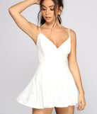 Sleeveless Eyelet V Neck Skater Romper helps create the best bachelorette party outfit or the bride's sultry bachelorette dress for a look that slays!