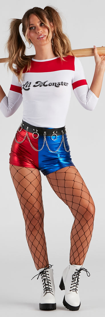 Women’s harlequin villain costume from Windsor styled with a Lil Monster graphic tee shirt, red and blue metallic shorts, chain costume belt, large gage fishnet tights, white lug sole booties, and baseball bat