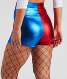 Back view of red and blue metallic costume shorts styled for a women’s harlequin costume 