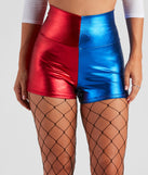 Front view of red and blue metallic costume shorts styled for a women’s harlequin costume 