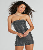 The Popstar Diva Strapless Rhinestone Romper is an elevated one-piece that blends sleek sophistication with playful charm, perfect for nailing casual or formal outfits.