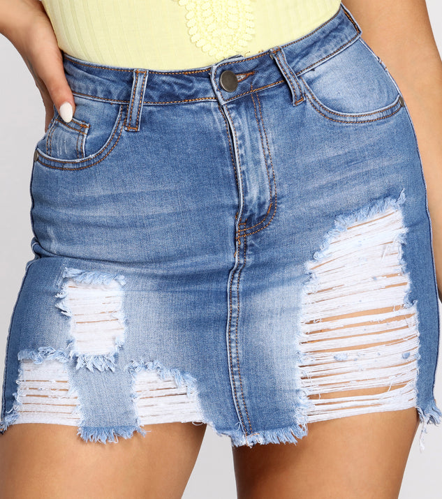 With fun and flirty details, Super Distressed Denim Mini Skirt shows off your unique style for a trendy outfit for the summer season!