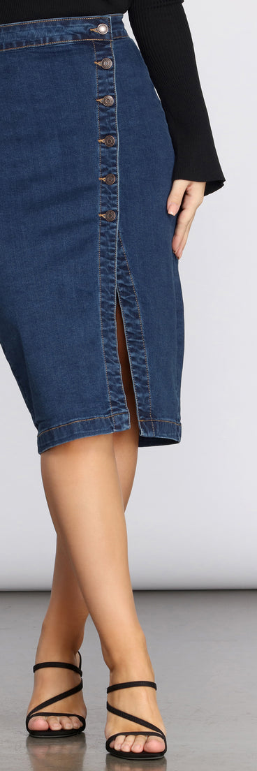 Denim Button Up Midi Skirt provides a stylish start to creating your best summer outfits of the season with on-trend details for 2023!