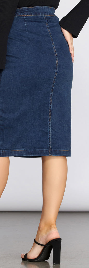 Denim Button Up Midi Skirt provides a stylish start to creating your best summer outfits of the season with on-trend details for 2023!