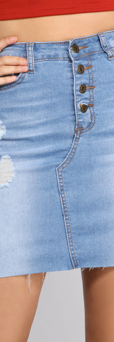 Button Up Raw Hem Denim Mini Skirt for 2023 festival outfits, festival dress, outfits for raves, concert outfits, and/or club outfits