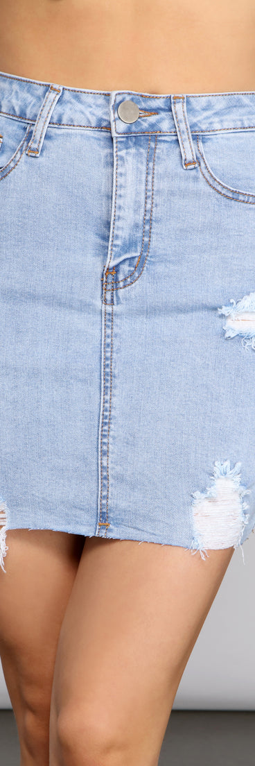 On-Trend Destructed Denim Mini Skirt for 2023 festival outfits, festival dress, outfits for raves, concert outfits, and/or club outfits
