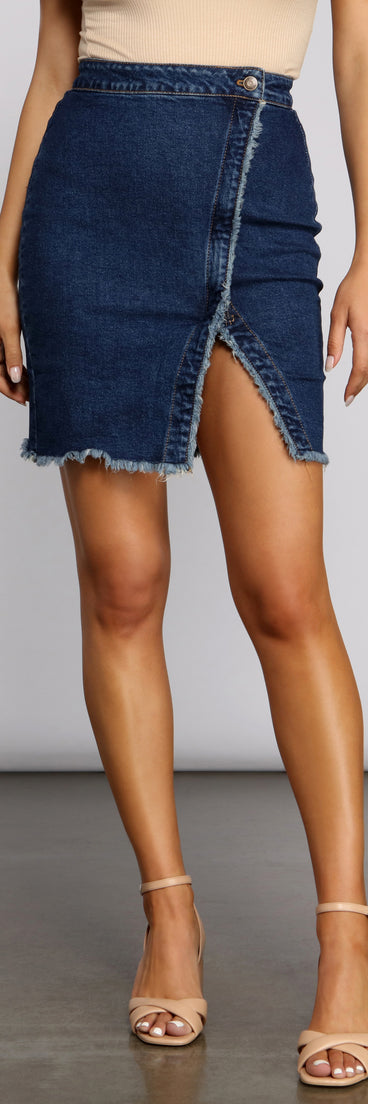 Wrapped In Styled Frayed Denim Skirt for 2023 festival outfits, festival dress, outfits for raves, concert outfits, and/or club outfits