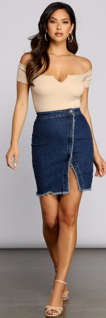 Wrapped In Styled Frayed Denim Skirt provides a stylish start to creating your best summer outfits of the season with on-trend details for 2023!