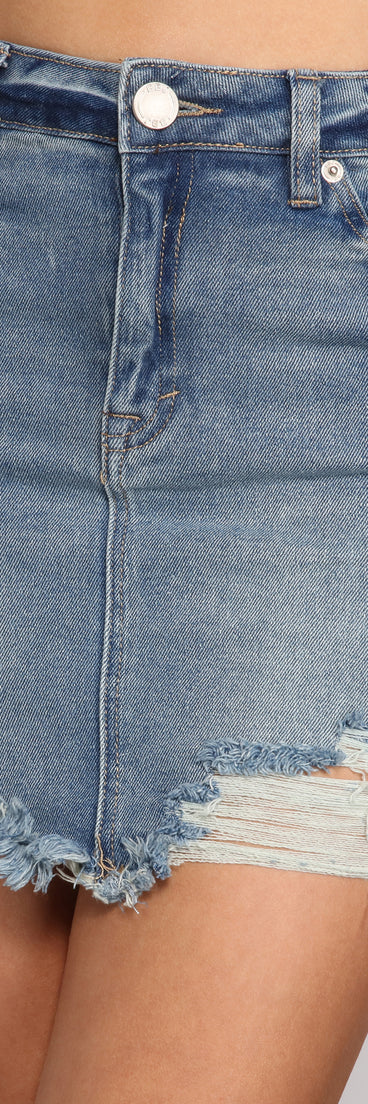 Destructed Glam Denim Mini Skirt for 2023 festival outfits, festival dress, outfits for raves, concert outfits, and/or club outfits