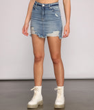 Destructed Glam Denim Mini Skirt for 2023 festival outfits, festival dress, outfits for raves, concert outfits, and/or club outfits