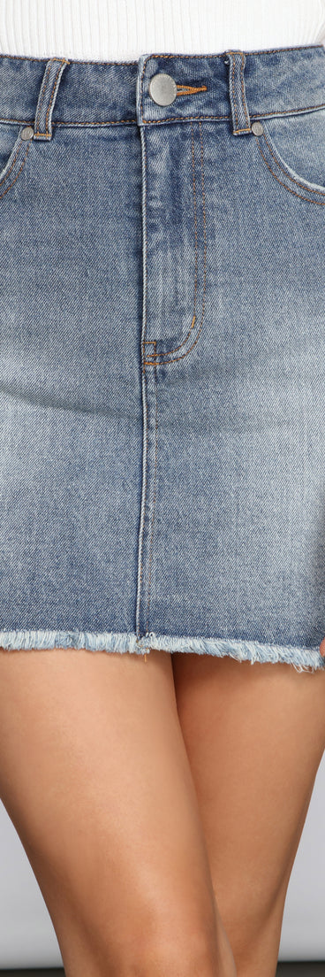 Basic Vibes Frayed Denim Mini Skirt for 2023 festival outfits, festival dress, outfits for raves, concert outfits, and/or club outfits