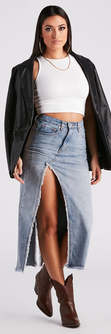 Babe In Denim High Slit Midi Skirt is a fire pick to create 2023 festival outfits, concert dresses, outfits for raves, or to complete your best party outfits or clubwear!