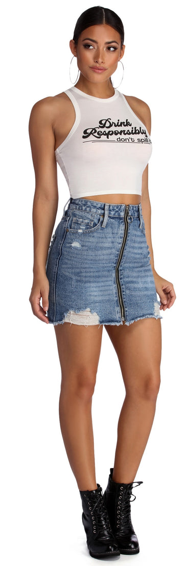 Zip Front Jean Skirt for 2022 festival outfits, festival dress, outfits for raves, concert outfits, and/or club outfits