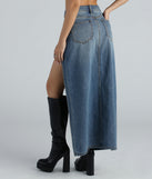 Sound The Alarm High Slit Denim Maxi Skirt is a fire pick to create a concert outfit, 2024 festival looks, outfits for raves, or to complete your best party outfits or clubwear!