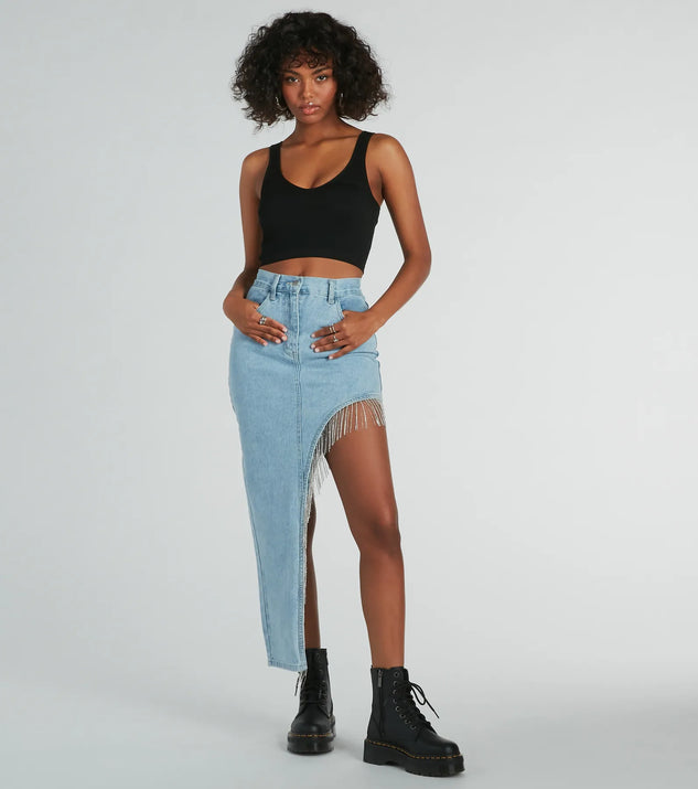Glitzy Rhinestone Fringe High Slit Denim Maxi Skirt Windsor