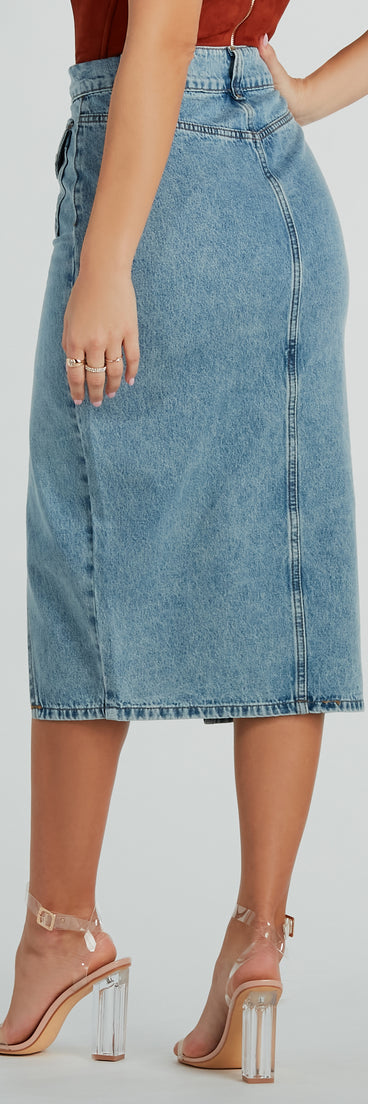 Iconic Trendsetter High Rise Slit Denim Midi Skirt